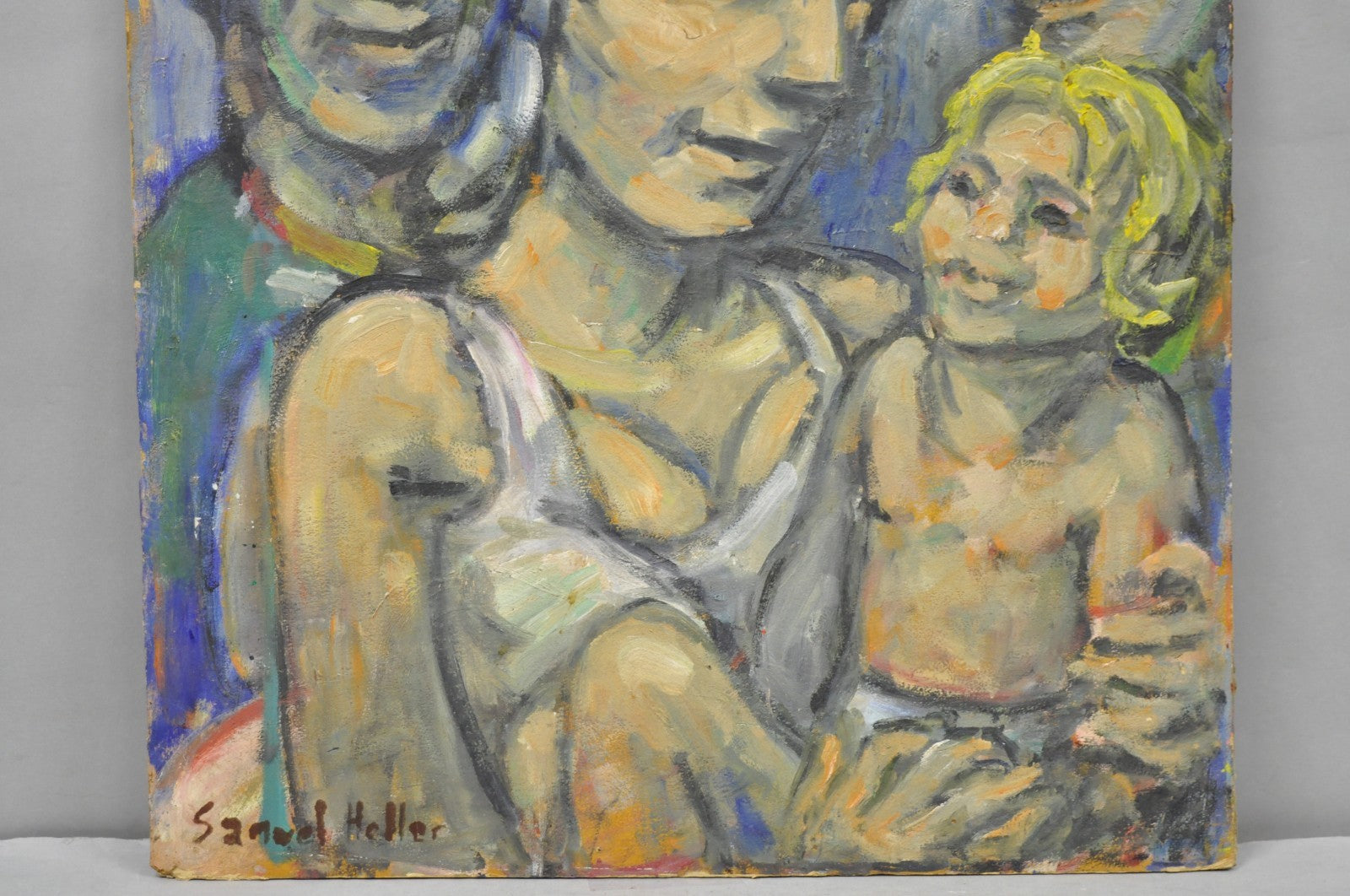 Vintage Samuel Heller "Family Portrait with Child" Oil on Board Painting, Signed