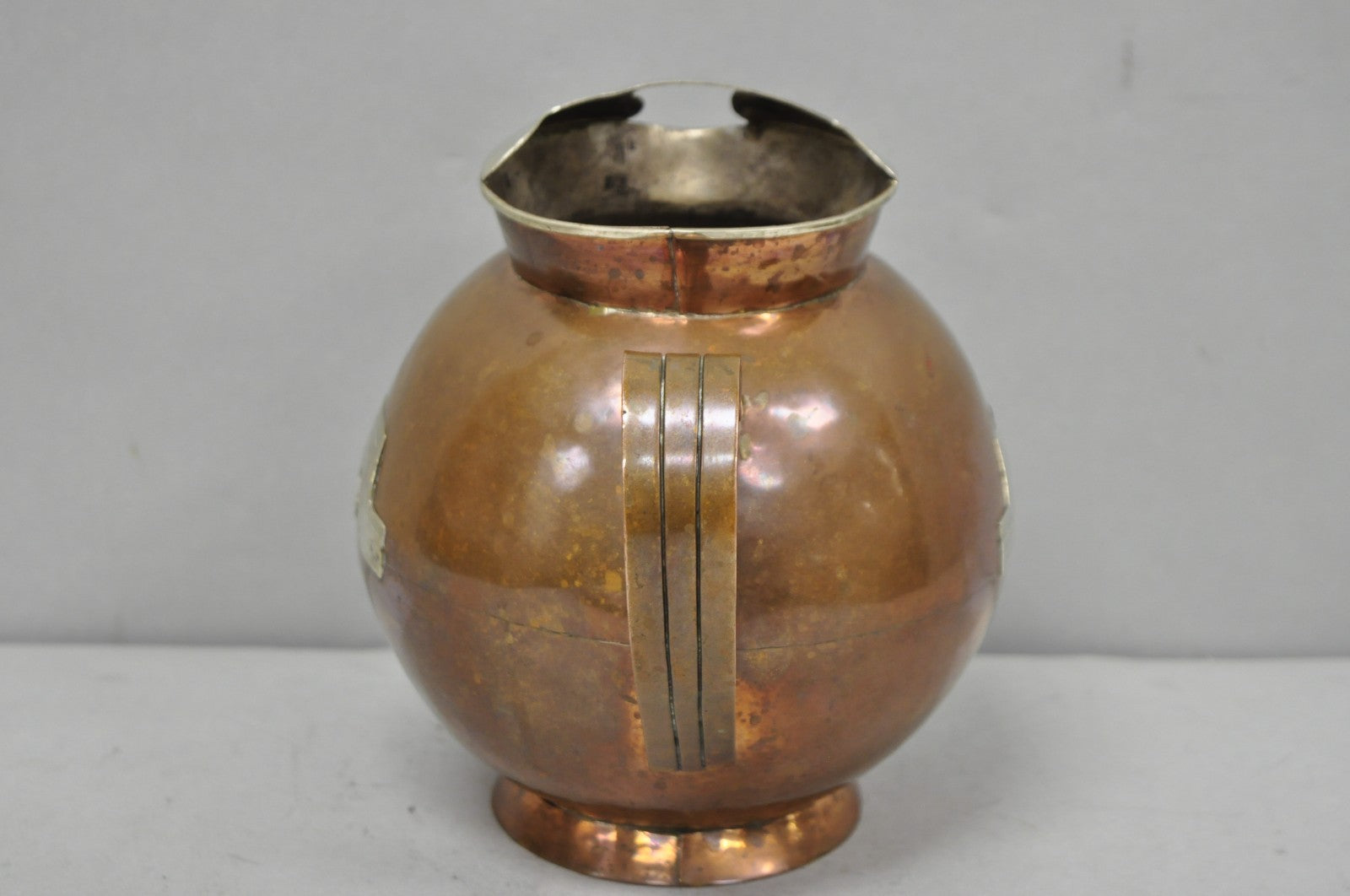Vintage Artesanias Taxco Mexico Primitive Water Pitcher Silver Mounted Copper