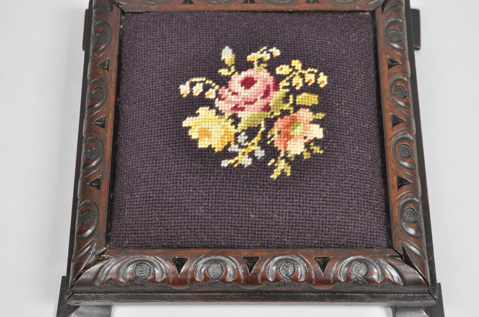 Antique Victorian Carved Solid Mahogany Floral Needlepoint Low Footstool Ottoman
