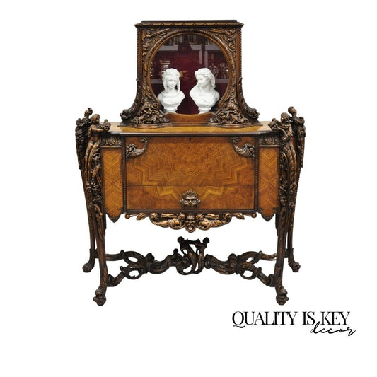 French Renaissance Louis XV Style Figural Carved Walnut Curio Display Buffet