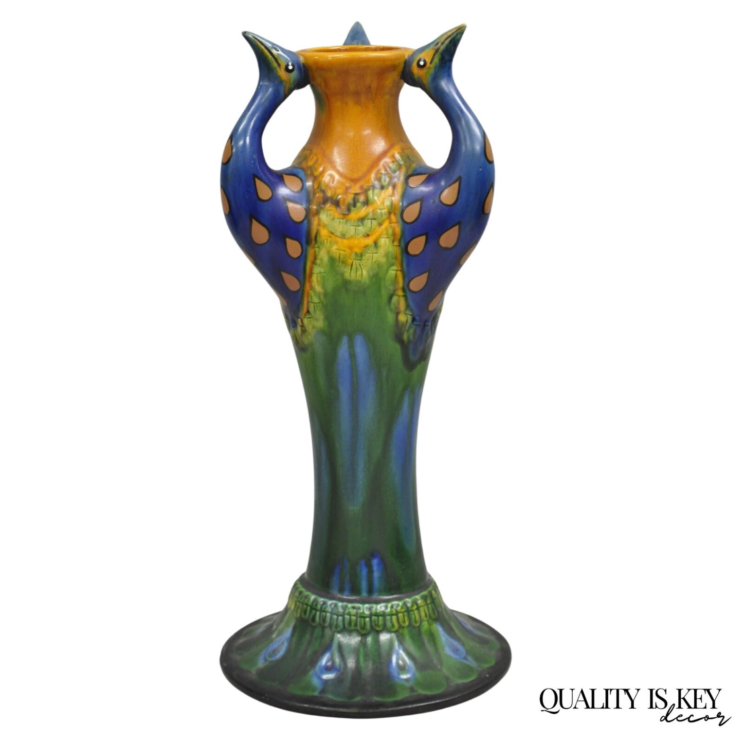 Vintage Art Nouveau Majolica Style Glazed Ceramic Pottery Peacock Bird Vase