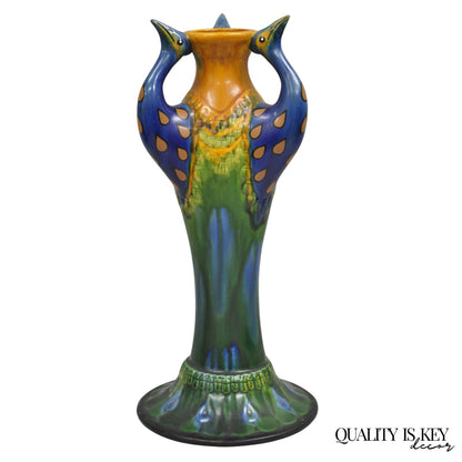 Vintage Art Nouveau Majolica Style Glazed Ceramic Pottery Peacock Bird Vase