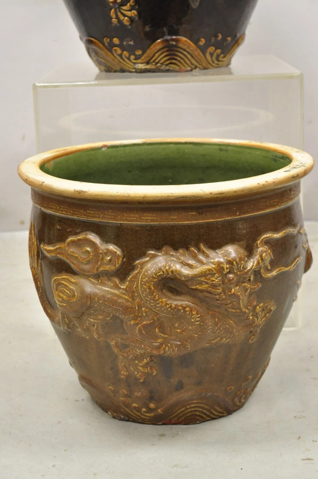 Antique Chinese Brown Glazed Ceramic Pottery Dragon Cachepot Jardinière - Pair