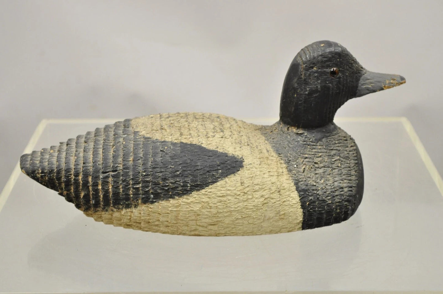 Antique Carved Wood Wooden Black and White 13" Mallard Duck Decoy w/ Glass Eyes