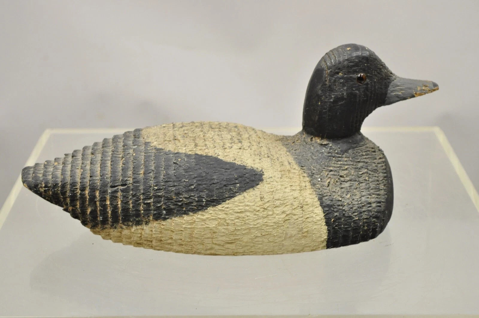 Antique Carved Wood Wooden Black and White 13" Mallard Duck Decoy w/ Glass Eyes