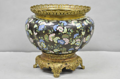 Antique Chinese Black Cloisonne Enamel Butterfly & Flower Bronze Cachepot Vase