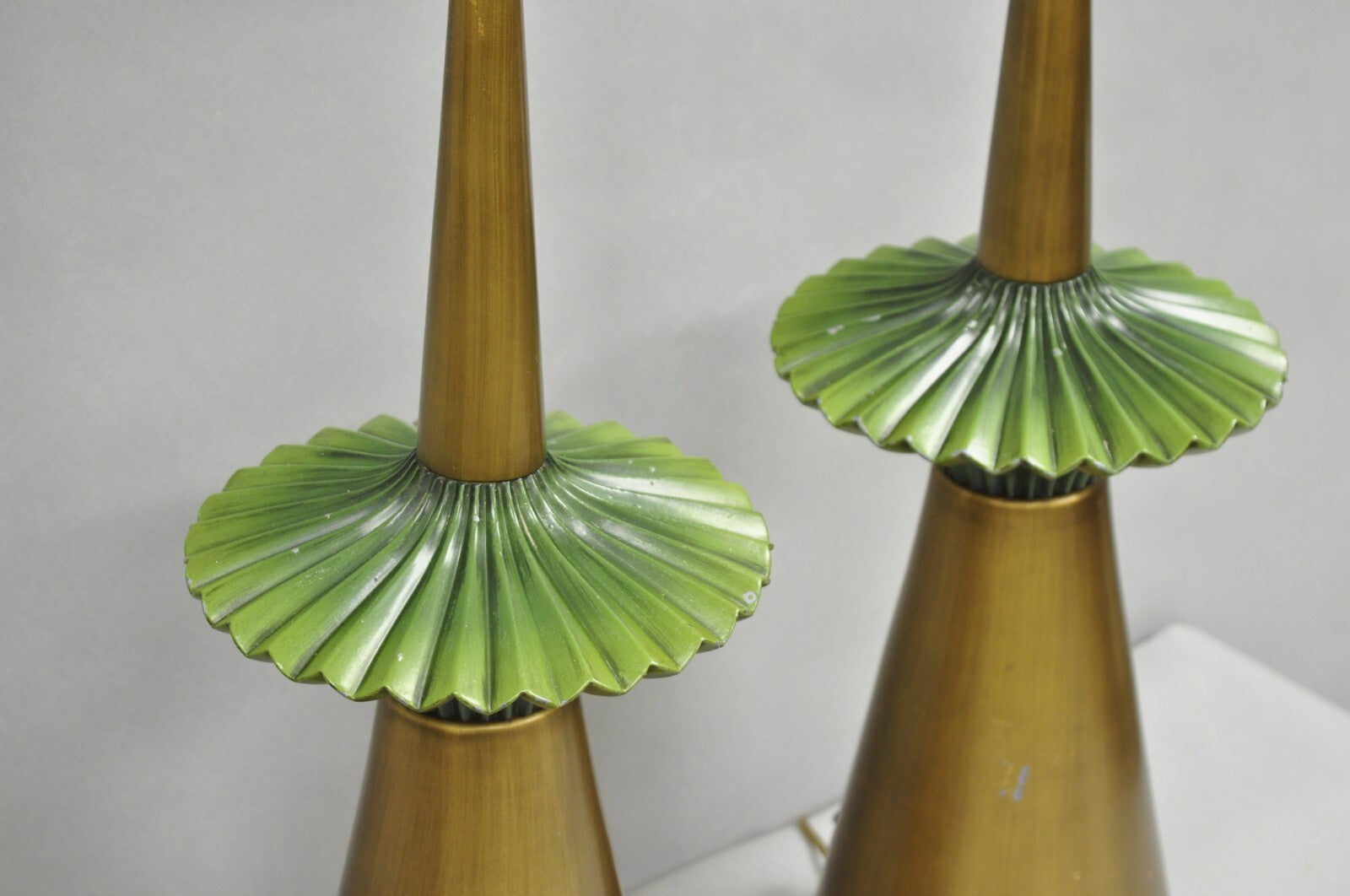 Vintage Mid Century Modern Atomic Era Green Flying Saucer Gold Table Lamp - Pair