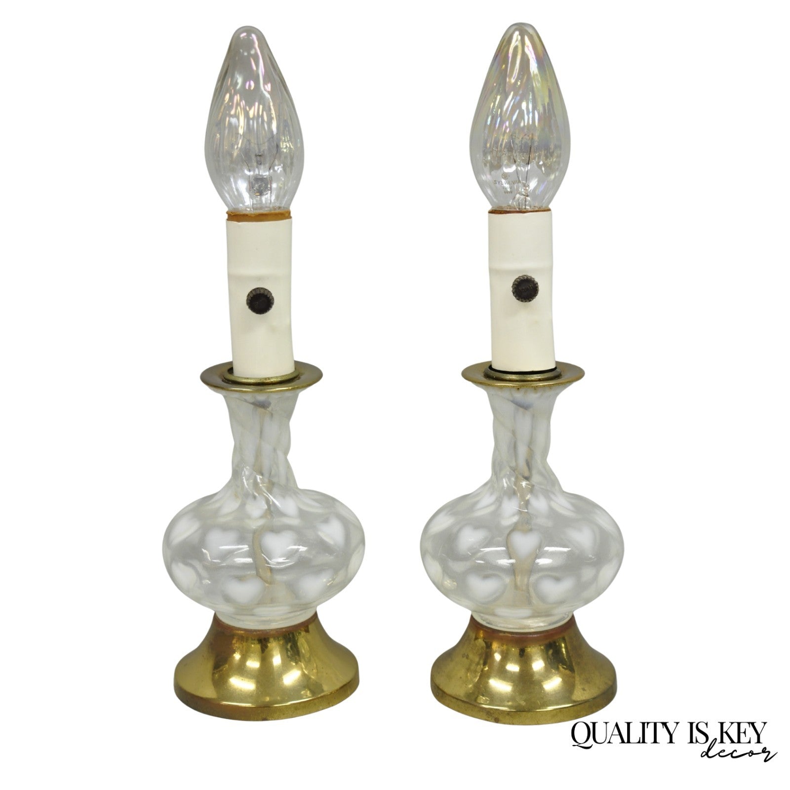 Vintage Hollywood Regency Petite Blown Glass Boudoir Table Lamps w/ Hearts, Pair