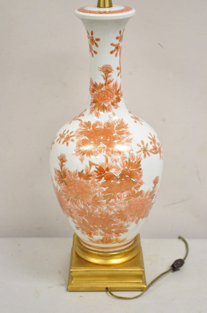 Vintage Marbro Chinoiserie Porcelain Vase Orange Floral Asian Table Lamp Pair