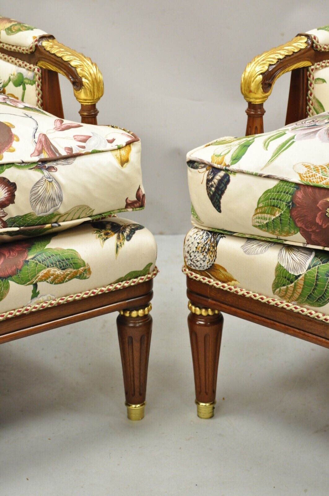 French Regency Style Floral Print Mahogany Frame Club Lounge Chairs - a Pair