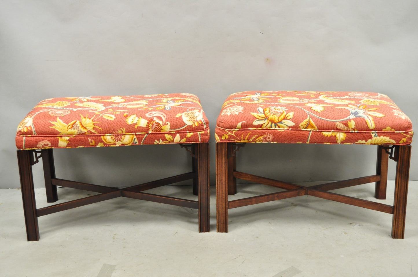 Vintage Chinese Chippendale Style Carved Mahogany Fretwork Bench Stool - Pair