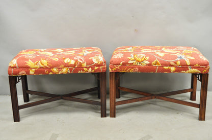 Vintage Chinese Chippendale Style Carved Mahogany Fretwork Bench Stool - Pair