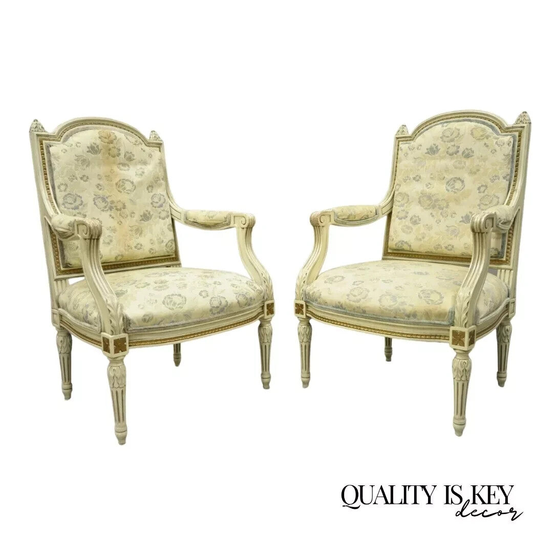 Vintage French Louis XVI Style Cream Painted Gold Gilt Lounge Arm Chairs - Pair