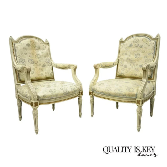 Vintage French Louis XVI Style Cream Painted Gold Gilt Lounge Arm Chairs - Pair