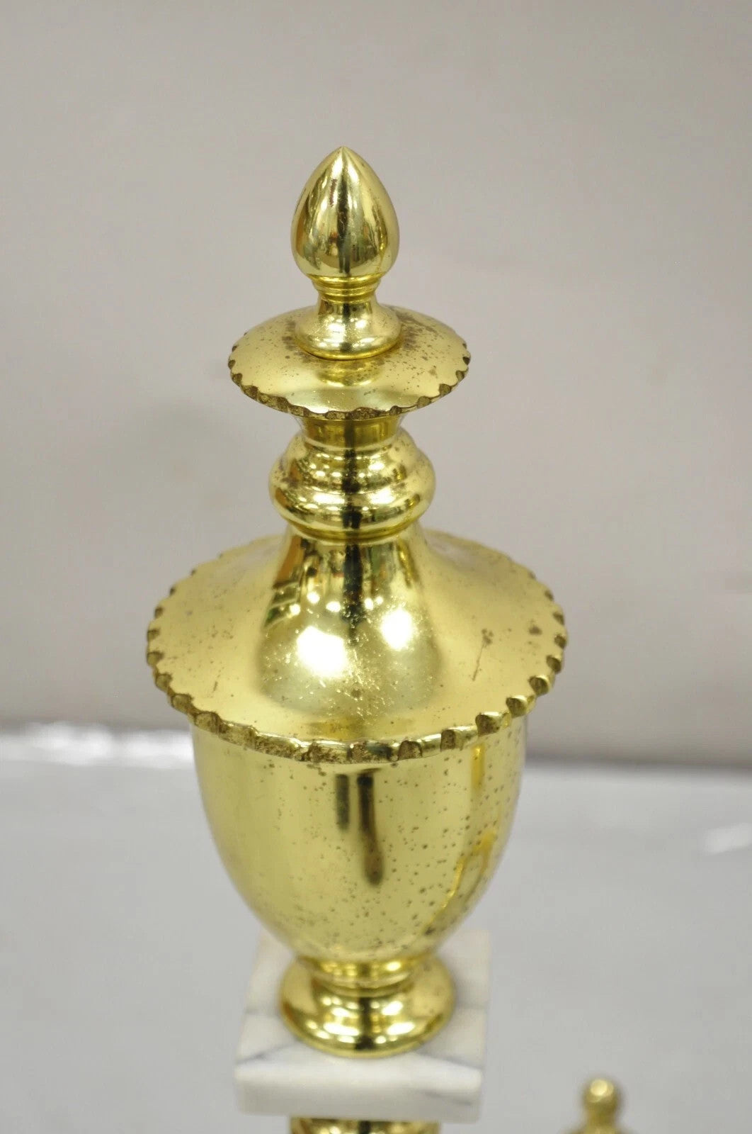 Vintage Brass Urn & Marble Federal Style Branch Leg Fireplace Andirons - a Pair