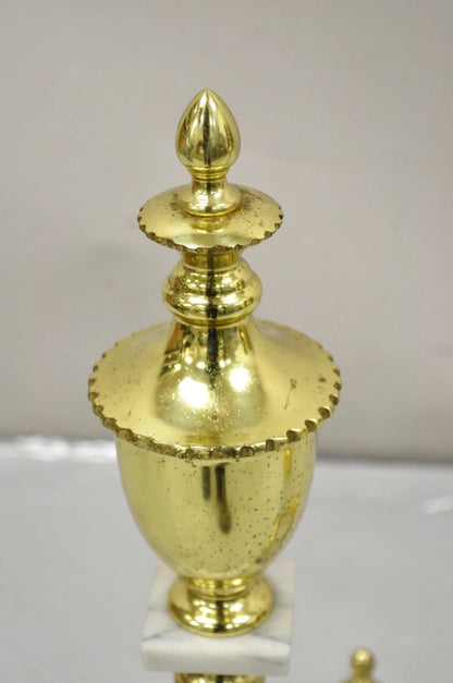 Vintage Brass Urn & Marble Federal Style Branch Leg Fireplace Andirons - a Pair