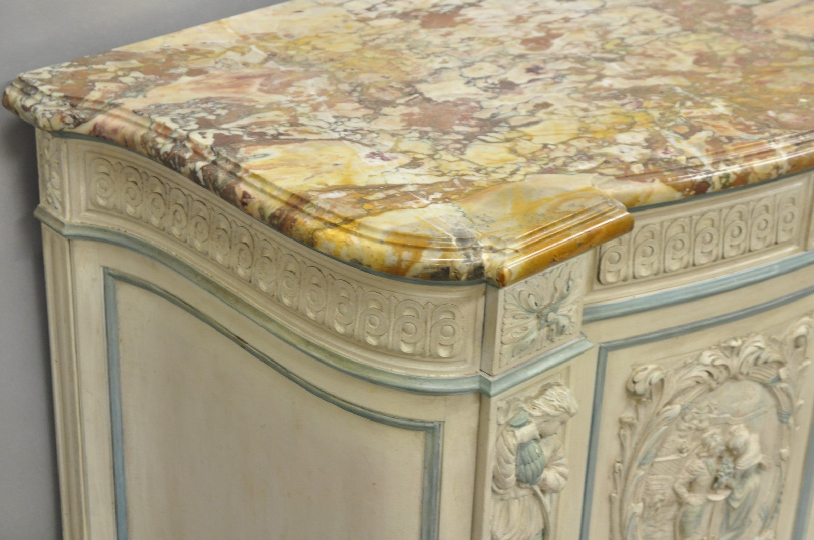French Renaissance White Blue Painted Figural Carved Marble Top Buffet Commode