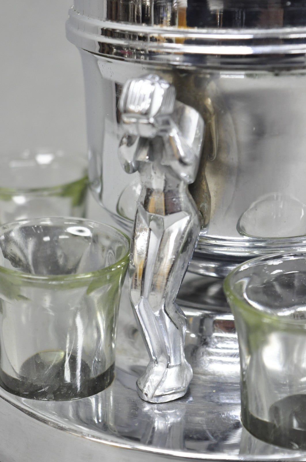 Vintage Art Deco Figural Chrome Metal Barware Samovar Decanter w/ Shot Glasses