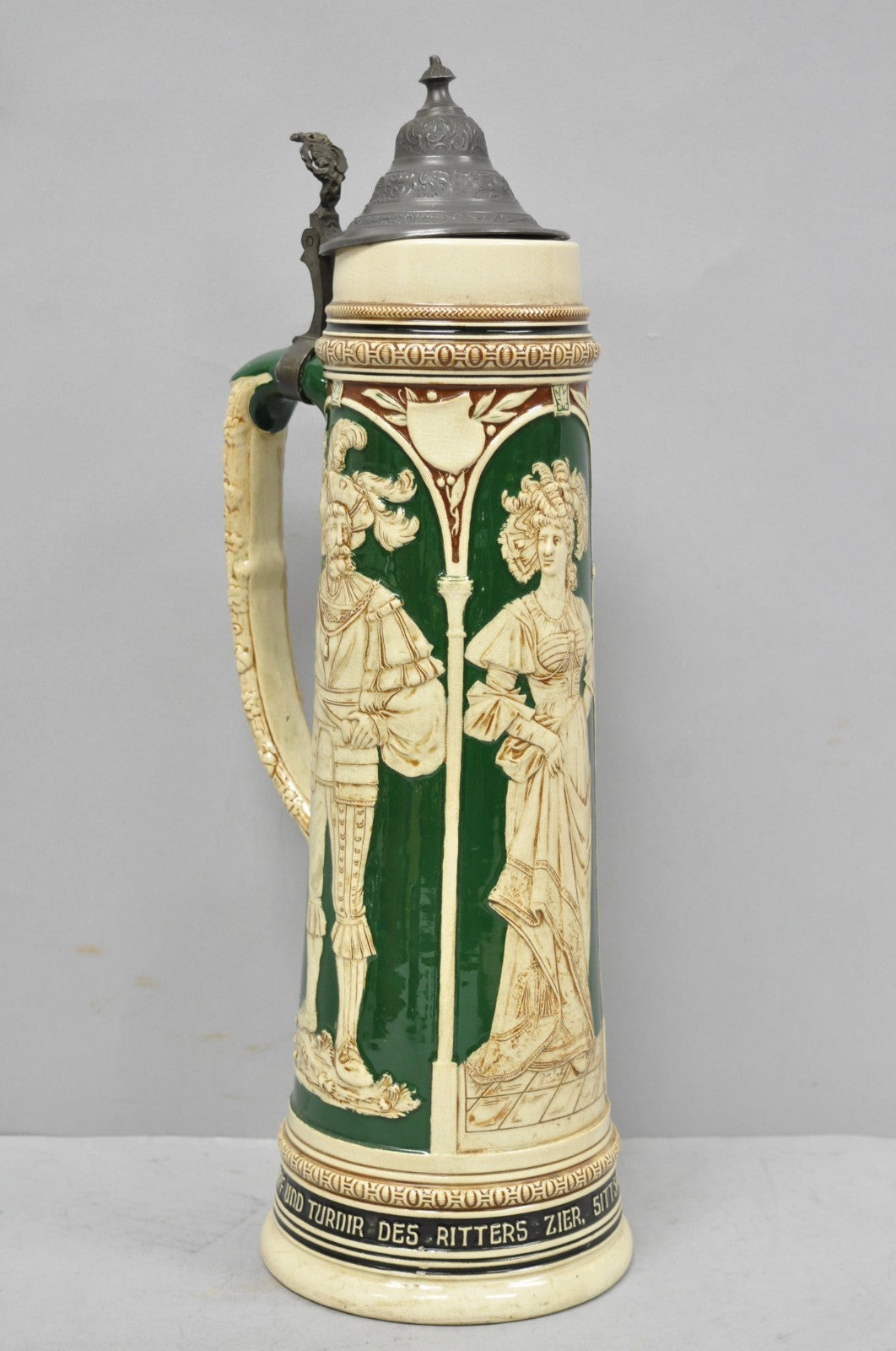 Antique German XL 20" Tall Figural Green Stoneware Beer Stein Tankard Mug w/ Lid