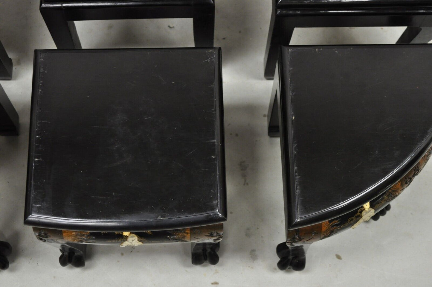 Chinese Black Lacquer Mother of Pearl Oval Nesting Coffee Table Set 6 Stools - A