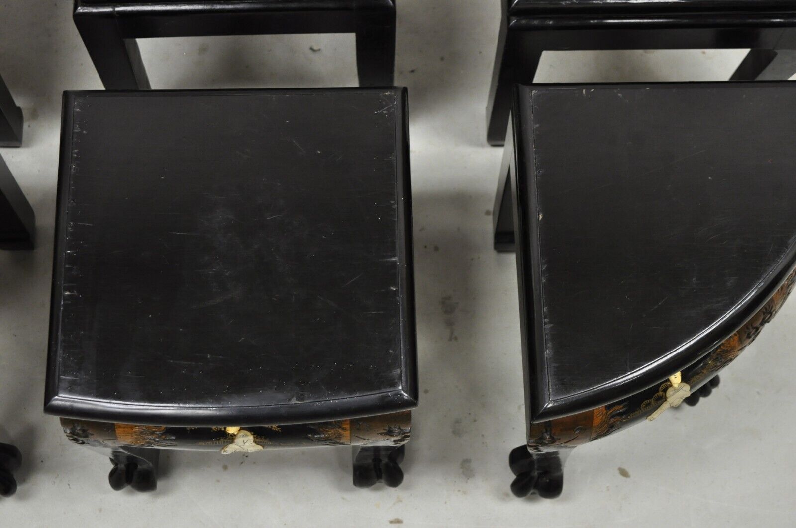 Chinese Black Lacquer Mother of Pearl Oval Nesting Coffee Table Set 6 Stools - A
