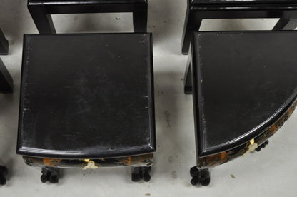 Chinese Black Lacquer Mother of Pearl Oval Nesting Coffee Table Set 6 Stools - A