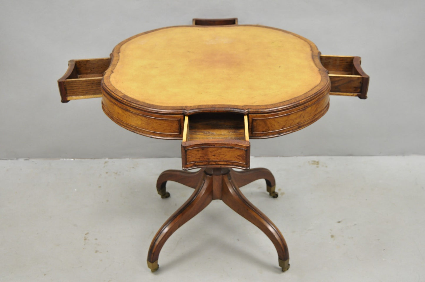 Vintage English Regency Leather Top Mahogany Drum End Table w/ 4 Drawers - Pair