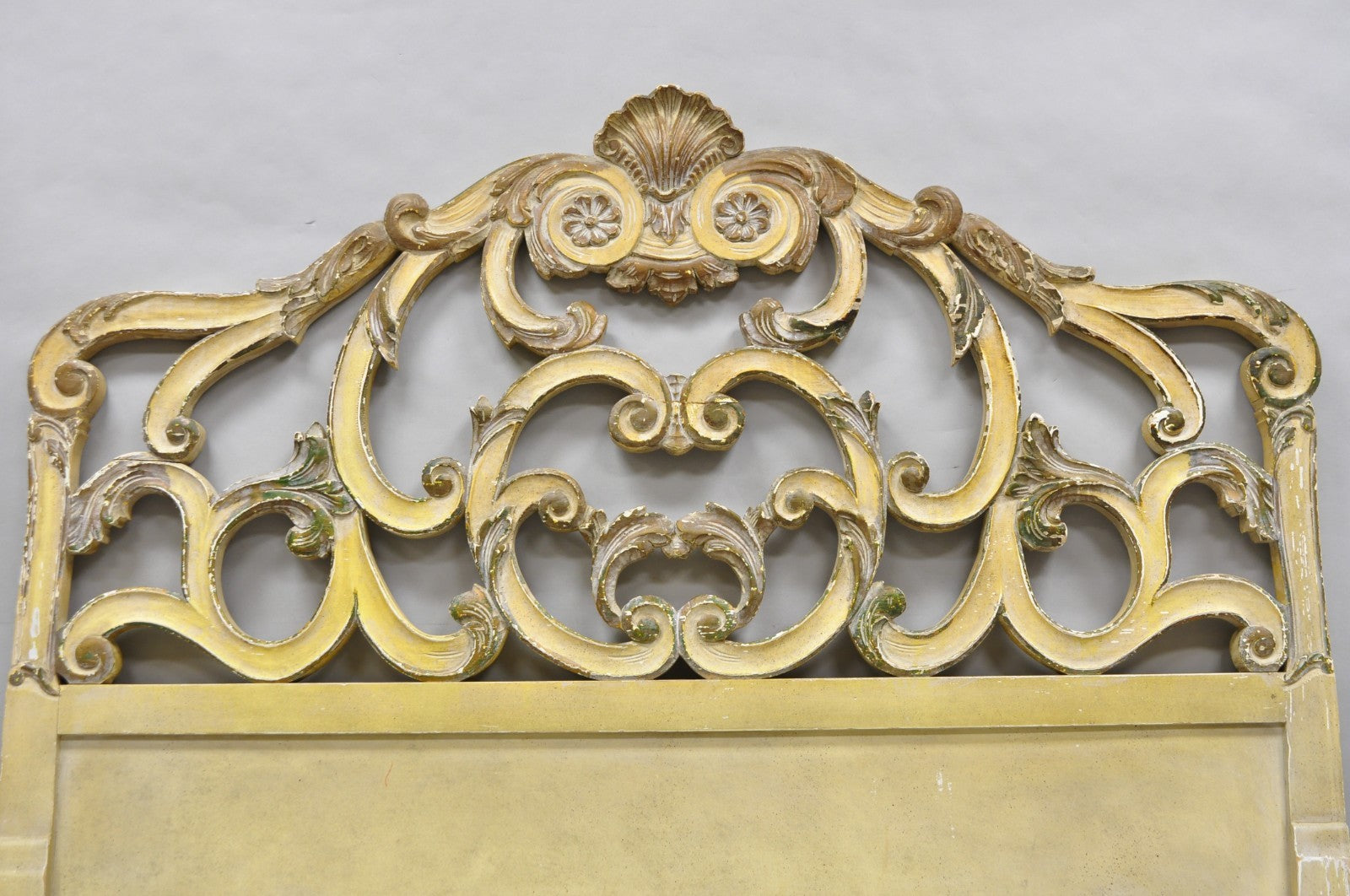 Vintage French Rococo Distressed Cream Painted Queen Size Wood Bed Headboard