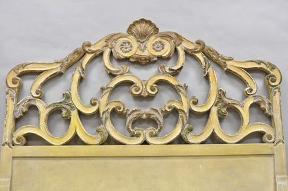 Vintage French Rococo Distressed Cream Painted Queen Size Wood Bed Headboard