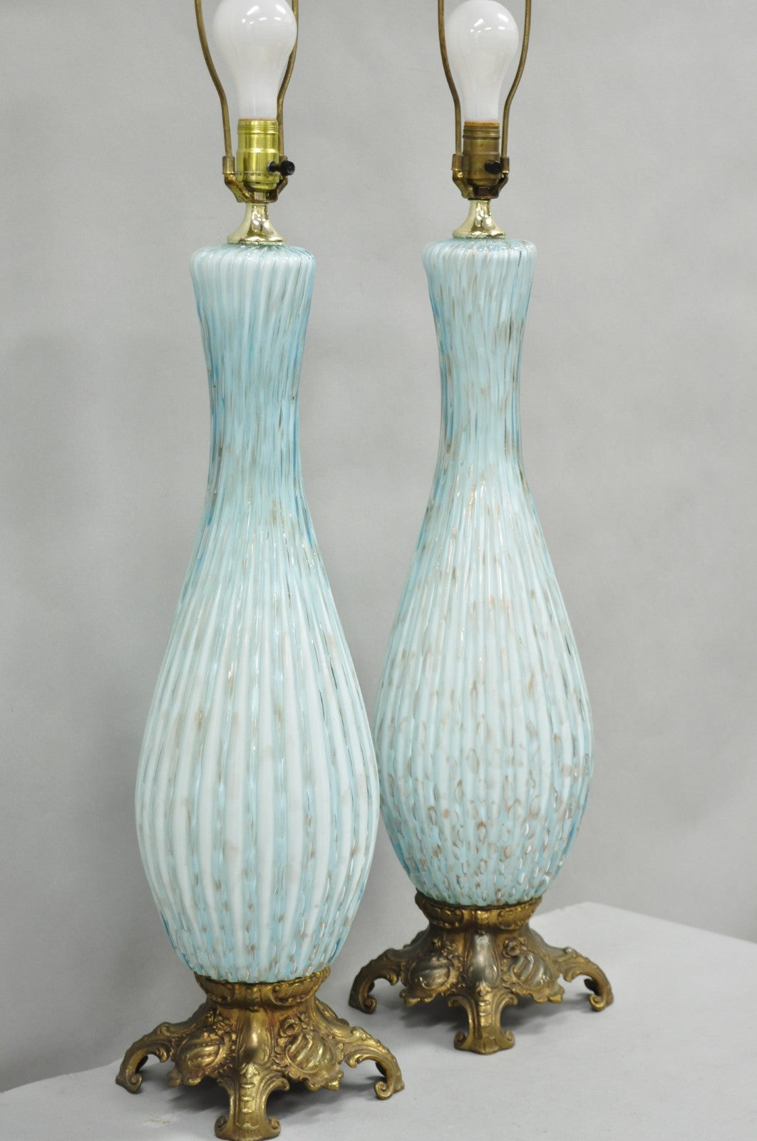 Vintage Mid Century Modern Blue Italian Murano Glass Gold Bubble Table Lamp Pair