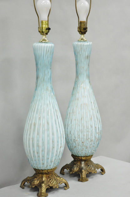 Vintage Mid Century Modern Blue Italian Murano Glass Gold Bubble Table Lamp Pair