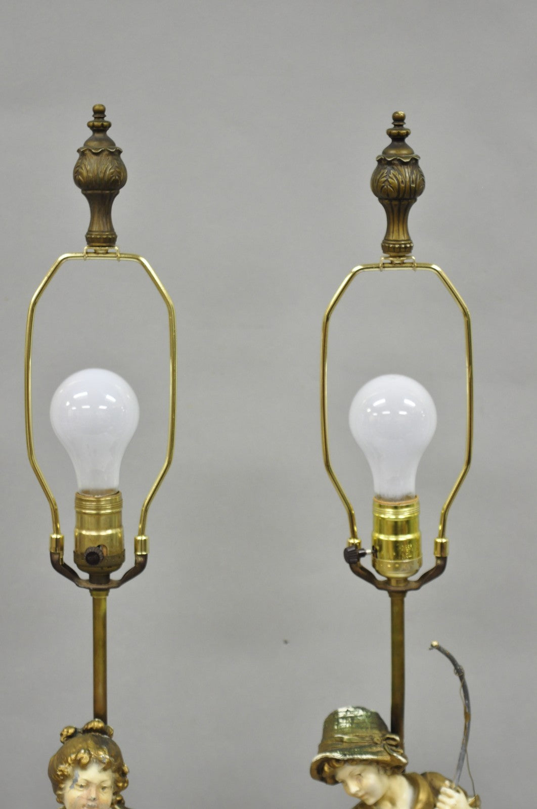 Antique French Victorian Moreau Figural Metal Boy and Girl Table Lamps (B), Pair