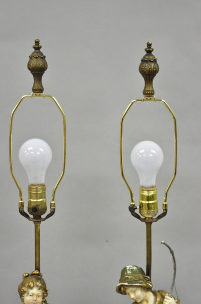 Antique French Victorian Moreau Figural Metal Boy and Girl Table Lamps (B), Pair