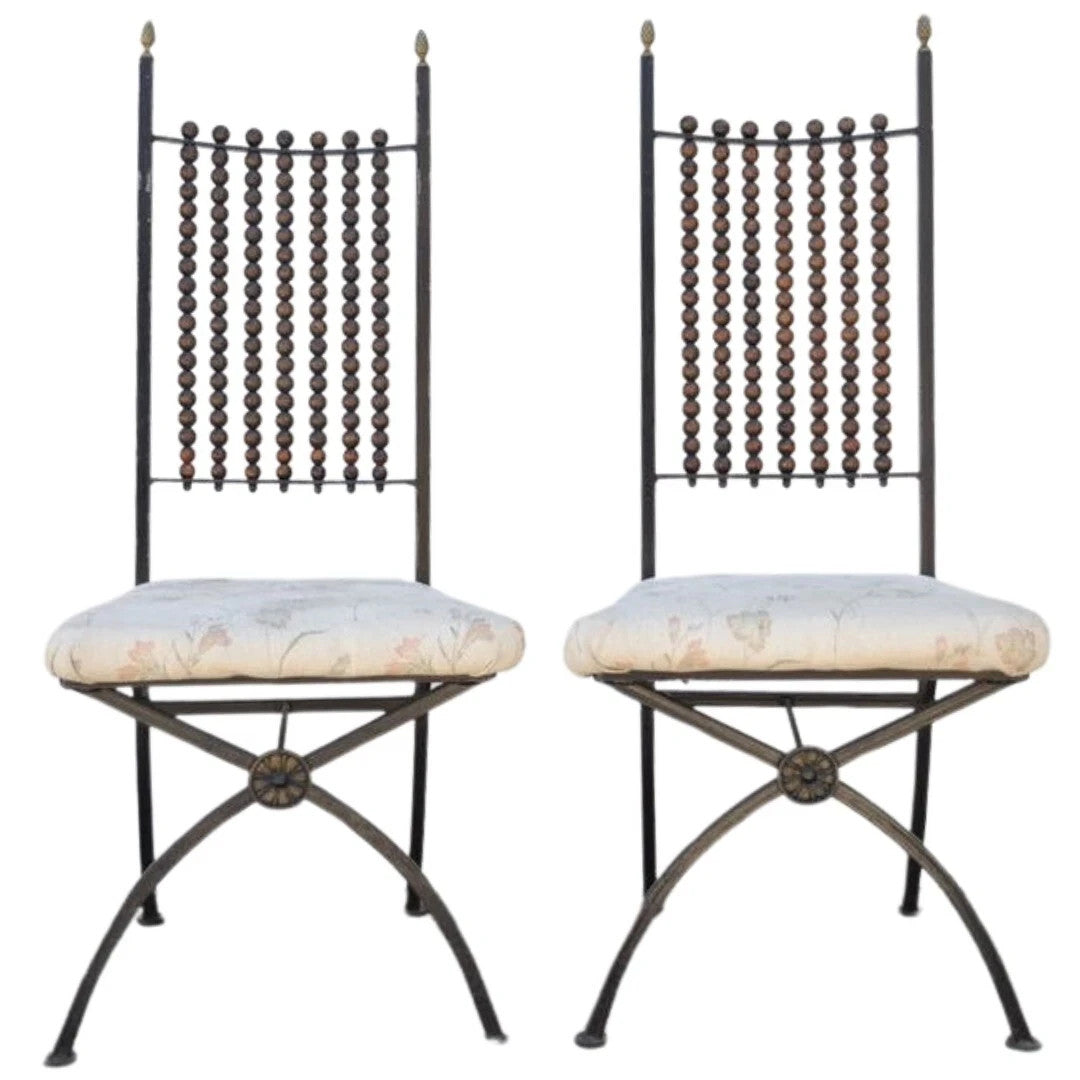 Hollywood Regency Wood Ball Abacus Wrought Iron Curule Dining Chairs - Set of 4