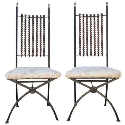 Hollywood Regency Wood Ball Abacus Wrought Iron Curule Dining Chairs - Set of 4