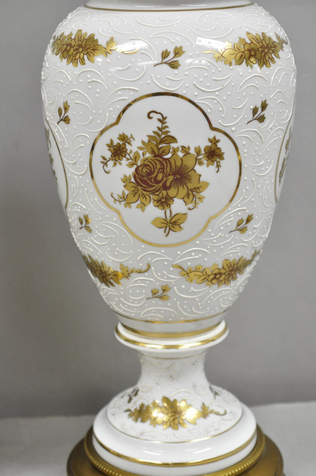 Vintage French Louis XV White Porcelain Ginger Jar Gold Flower Table Lamps Pair