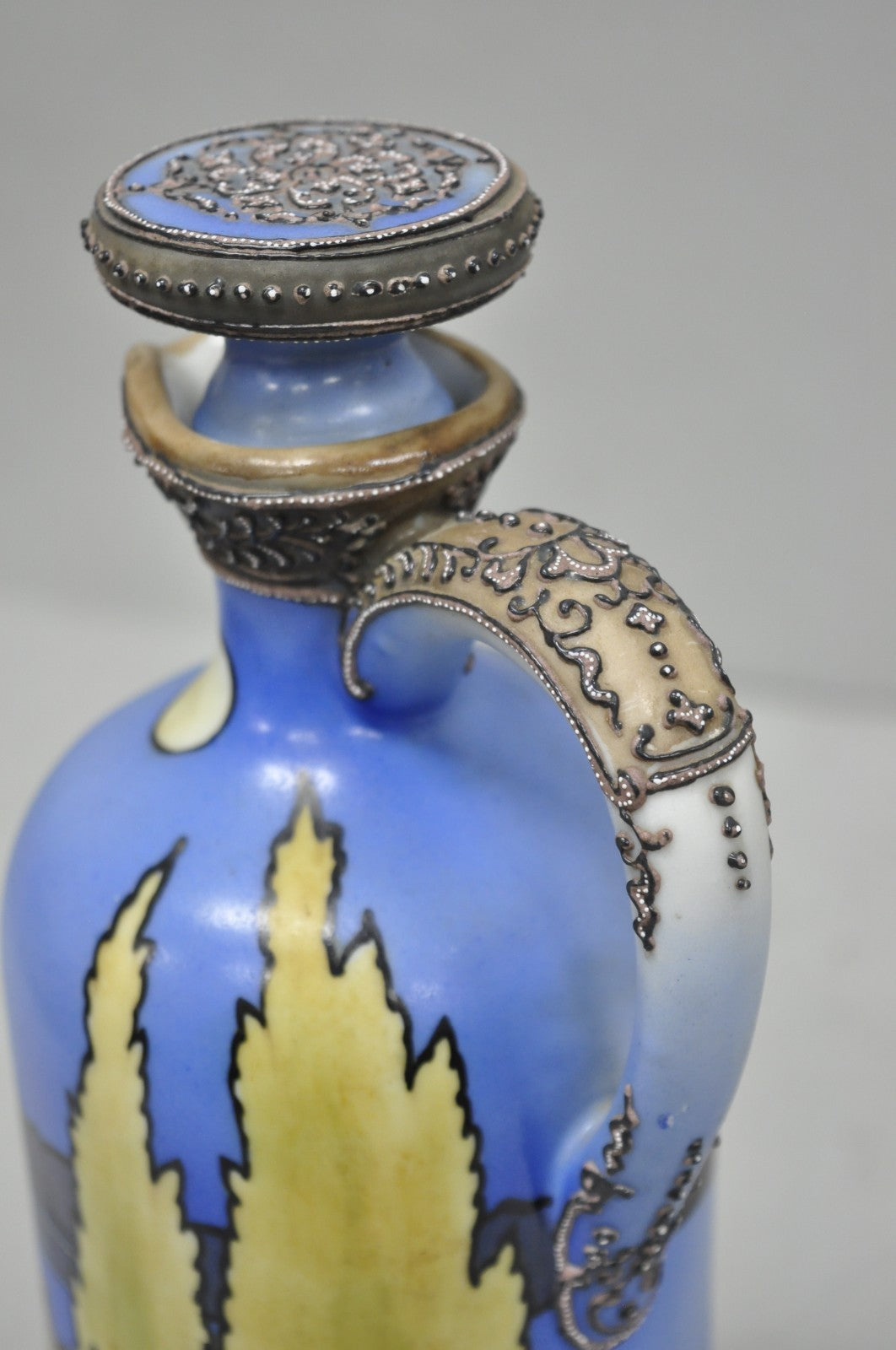 Antique Nippon Hand Painted Blue Halloween Pattern Porcelain Wine Jug w/ Cork