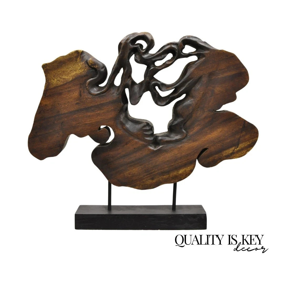 Modern Organic Abstract Carved Teak Wood Large Modernist Table Art Sculpture