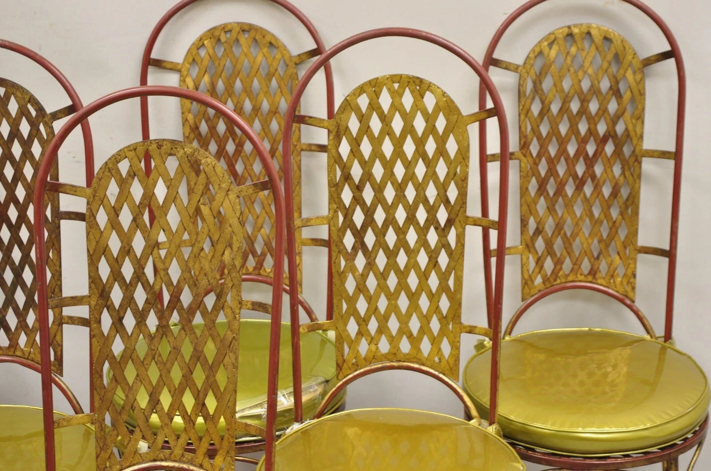 Vintage Italian Hollywood Regency Iron Gold Gilt Lattice Dining Set - 7 Pc Set
