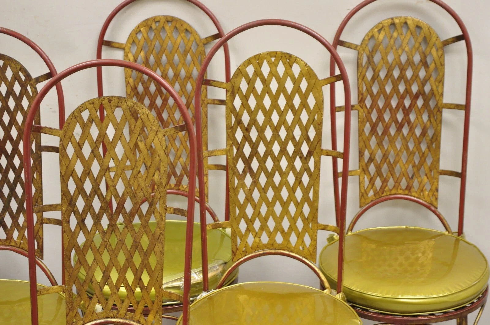Vintage Italian Hollywood Regency Iron Gold Gilt Lattice Dining Set - 7 Pc Set