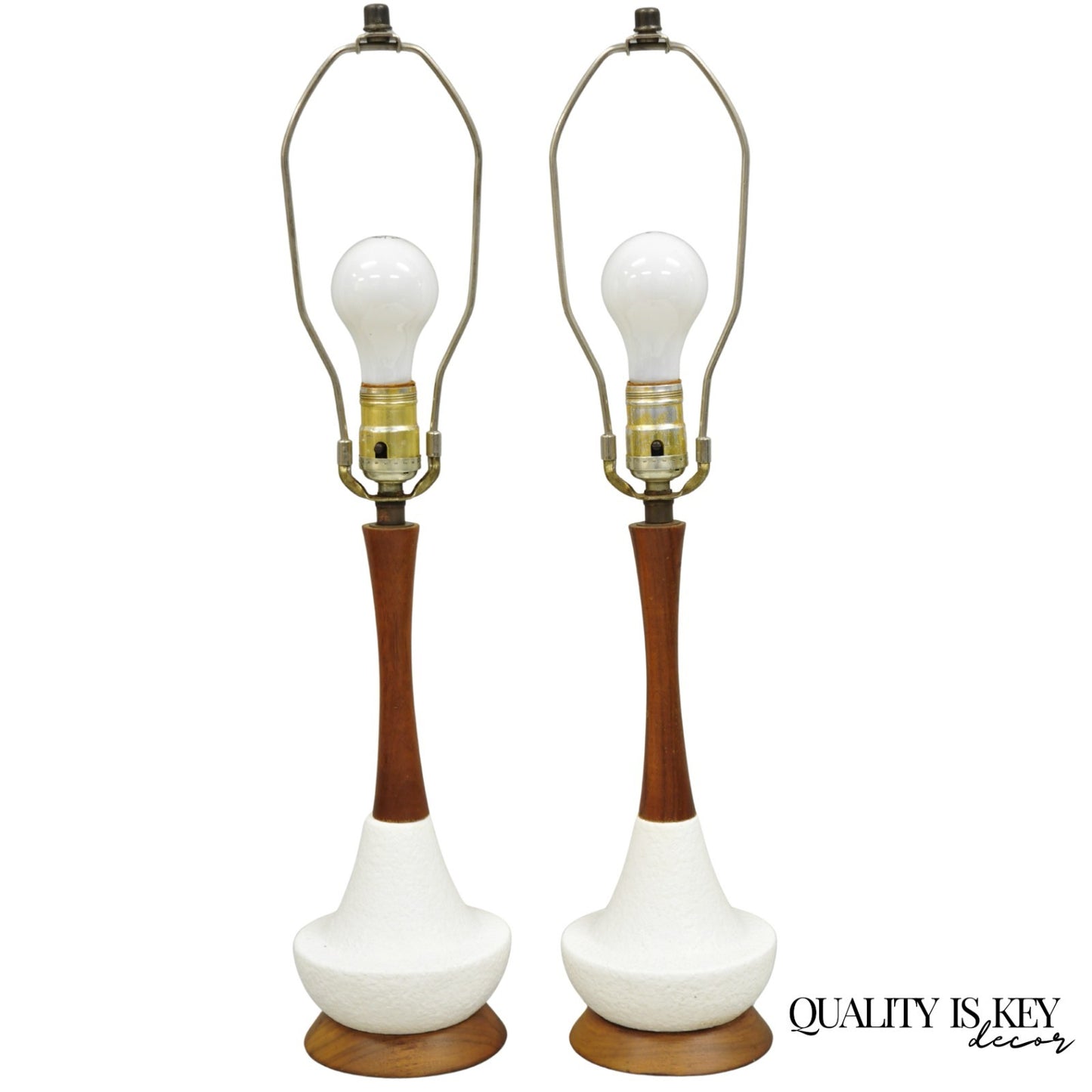 Vintage Mid Century Modern Petite Ceramic Pottery & Walnut Table Lamps - a Pair