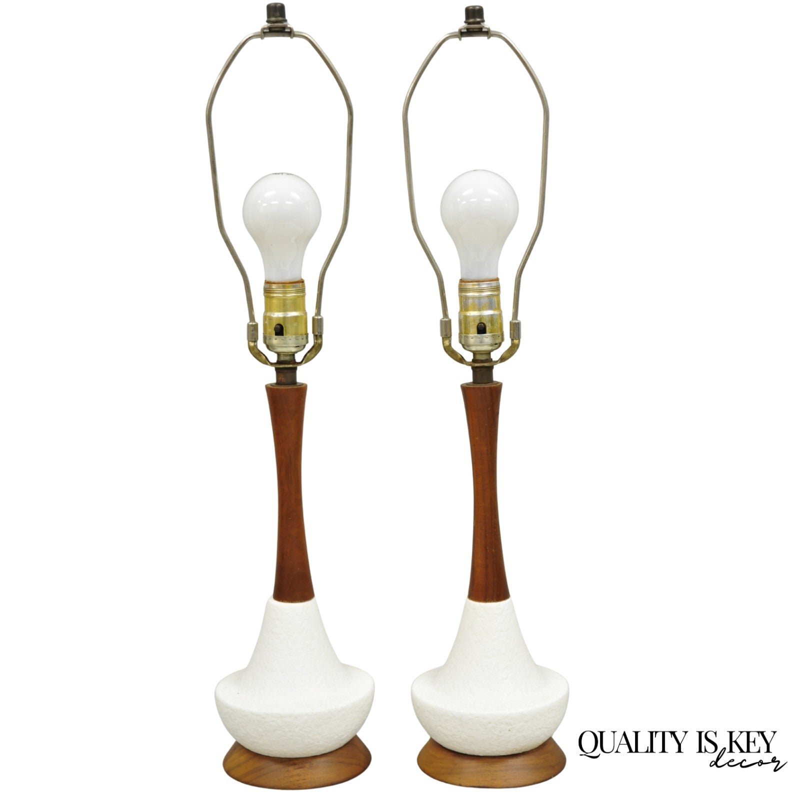 Vintage Mid Century Modern Petite Ceramic Pottery & Walnut Table Lamps - a Pair