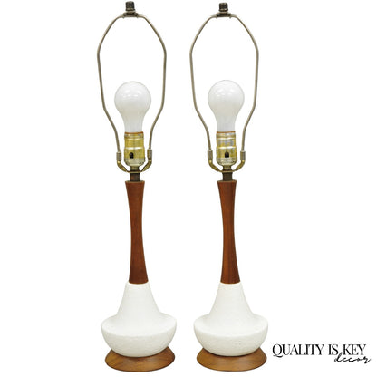 Vintage Mid Century Modern Petite Ceramic Pottery & Walnut Table Lamps - a Pair