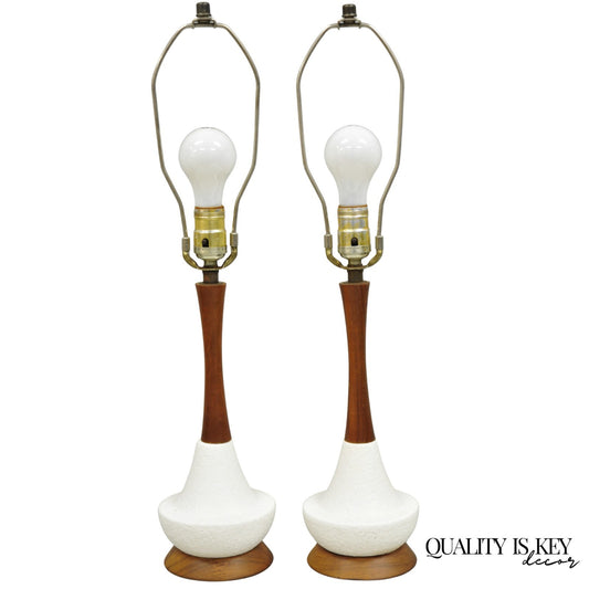 Vintage Mid Century Modern Petite Ceramic Pottery & Walnut Table Lamps - a Pair