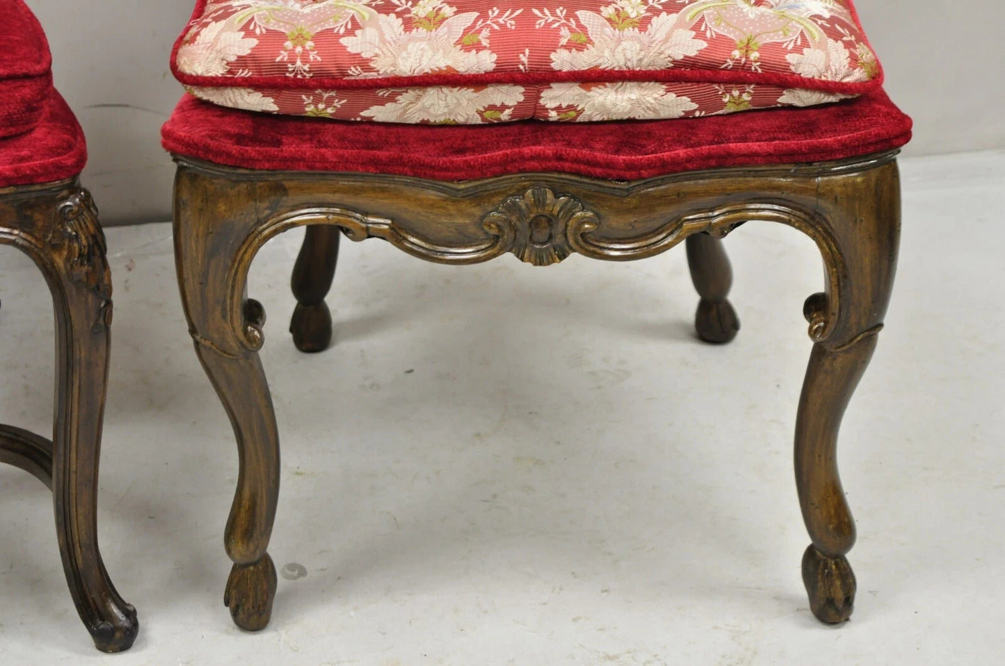 Vintage Italian Regency Style Carved Walnut Red Fabric Dining Chairs - Set of 6