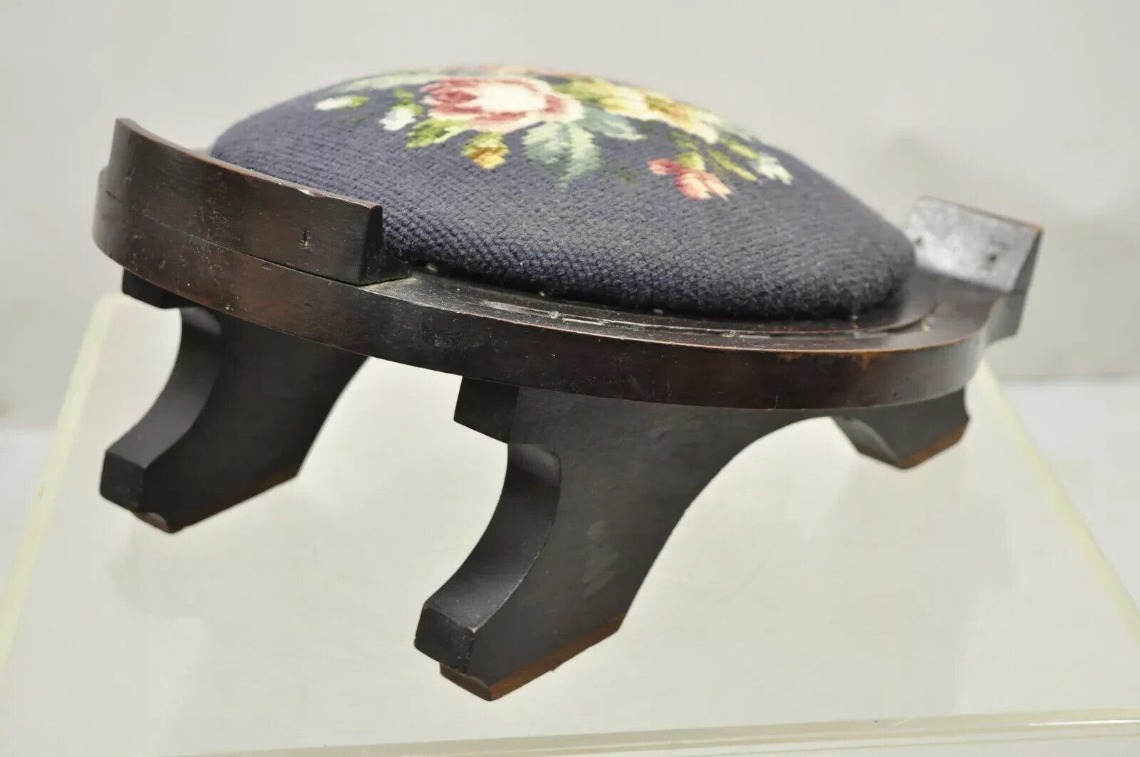 Antique Victorian Mahogany Horseshoe Needlepoint Gout Stool Footstool Ottoman