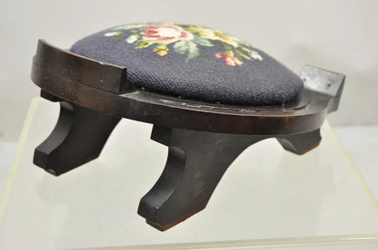 Antique Victorian Mahogany Horseshoe Needlepoint Gout Stool Footstool Ottoman
