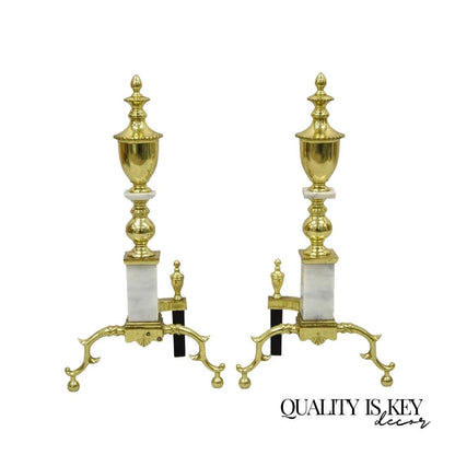 Vintage Brass Urn & Marble Federal Style Branch Leg Fireplace Andirons - a Pair