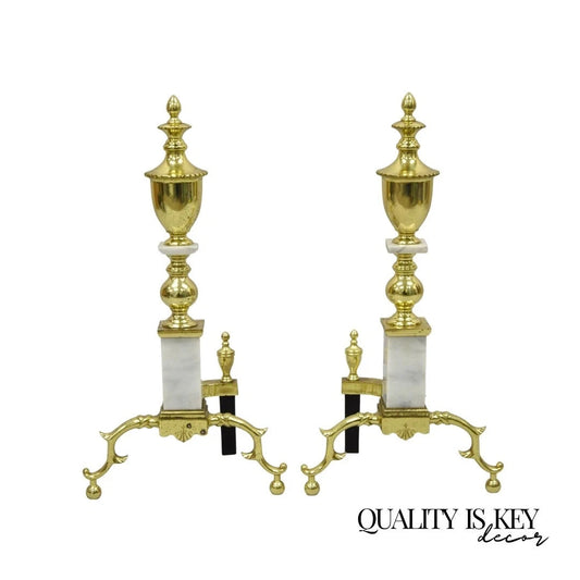 Vintage Brass Urn & Marble Federal Style Branch Leg Fireplace Andirons - a Pair