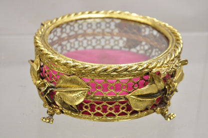 Vintage French Beveled Glass Gold Filigree Round Casket Jewelry Trinket Box